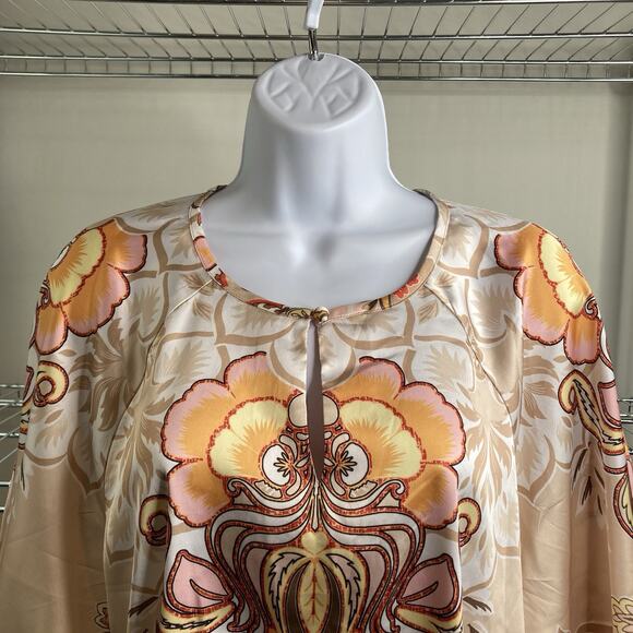 Chico's Women's Beige Satin Floral‎ Keyhole Neck Blouse Size 14 Asian Vibes Boho - Picture 7 of 10